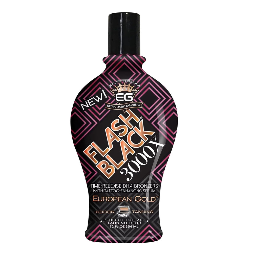 European Gold Flash Black 3000X bottle shows rich color development for a deep tan.
