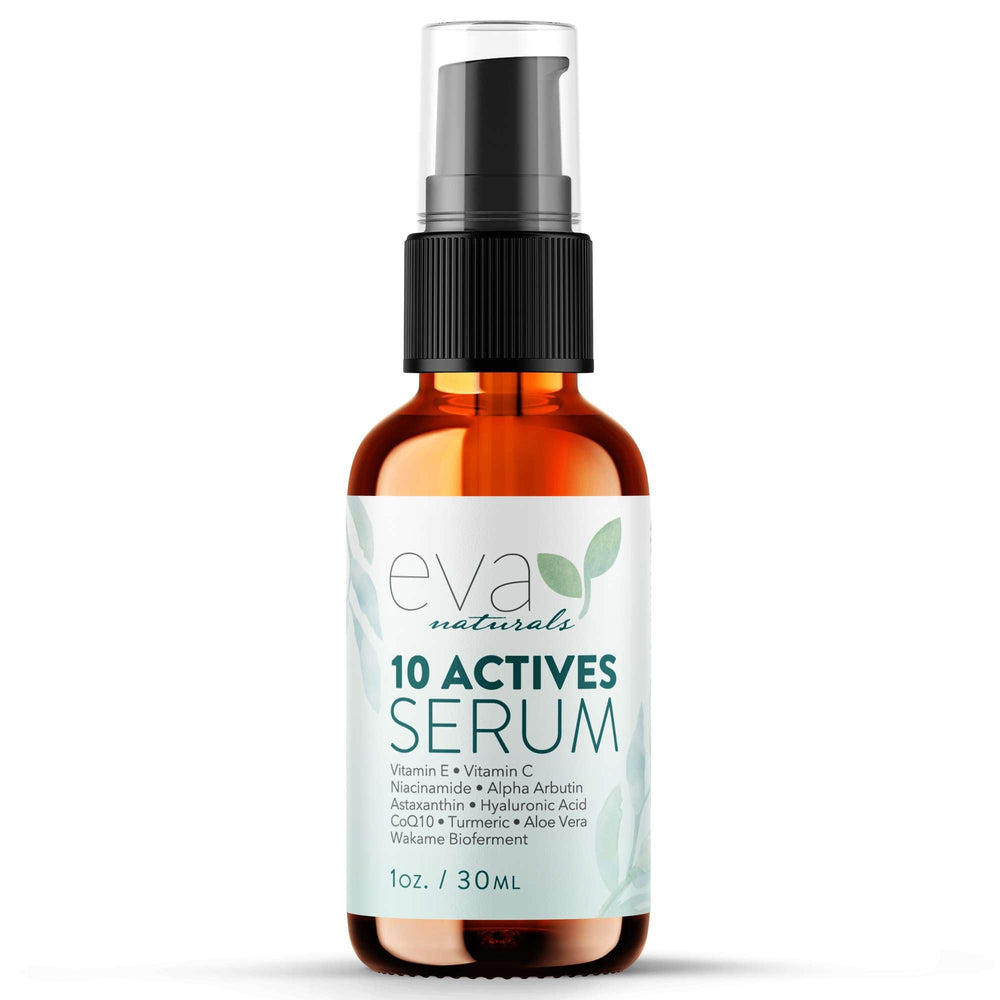 Eva Naturals 10 Actives Serum bottle showcasing premium packaging for daily brightening.