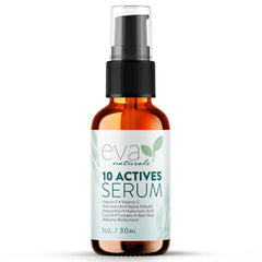Eva Naturals 10 Actives Serum bottle showcasing premium packaging for daily brightening.