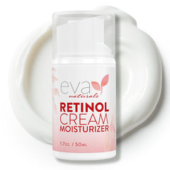 Eva Naturals anti-aging retinol cream bottle close-up for easy daily use and smoother skin.