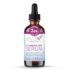 Eva Naturals azelaic acid serum bottle shows lightweight redness-relief formula.