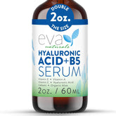 Eva Naturals hyaluronic acid and B5 serum bottle close-up shows hydration-boosting formula