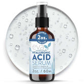 Eva Naturals hyaluronic serum bottle showing deep hydration for a plump, refreshed look.