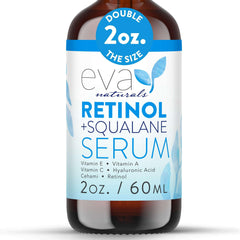 Eva Naturals Retinol + Squalane Serum bottle with pump for easy nightly application.