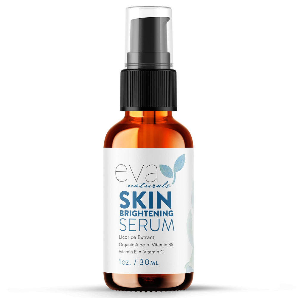 Eva Naturals skin brightening serum bottle promoting even tone over time.