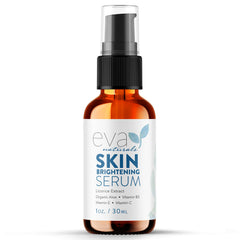 Eva Naturals skin brightening serum bottle promoting even tone over time.