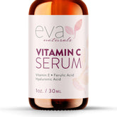 Eva Naturals Vitamin C Serum bottle closeup highlighting brightening formulation for even skin tone.