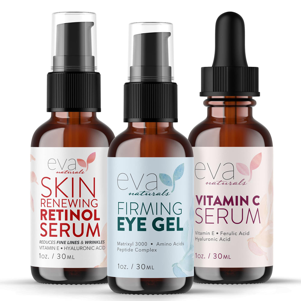 Eva Naturals Vitamin C Serum bottle highlights brightening skin support.