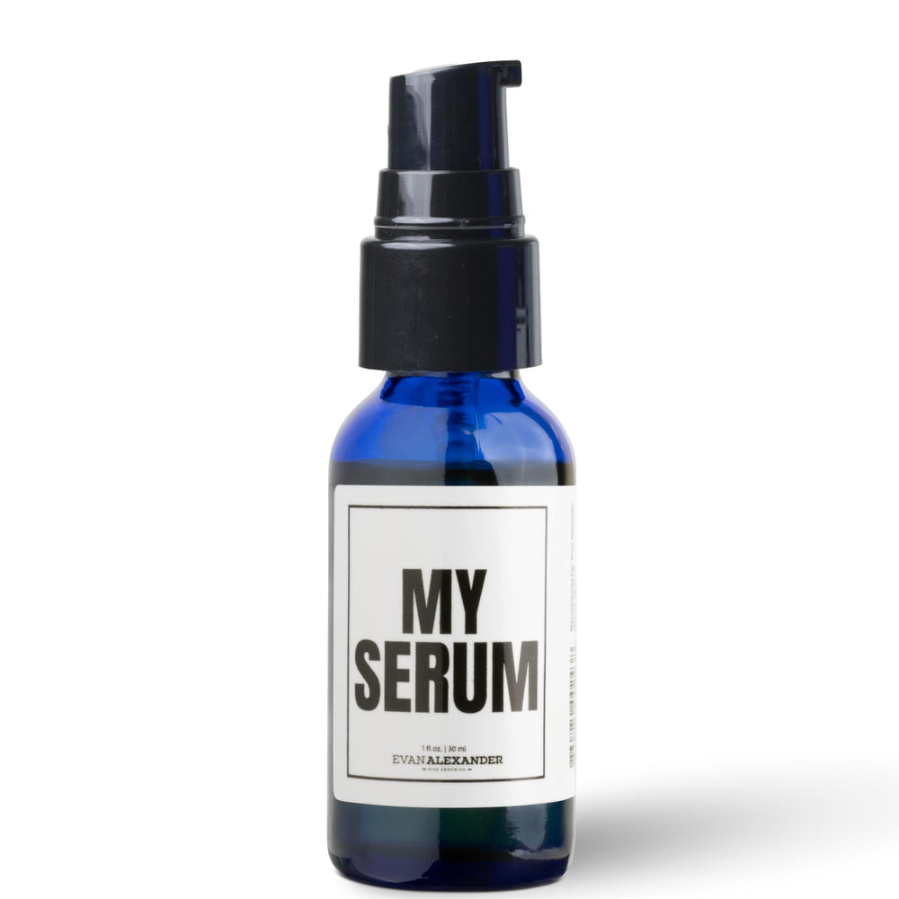 Evan Alexander Fine Grooming MY Serum Beard Oil bottle pour demonstrates easy, nourishing beard care