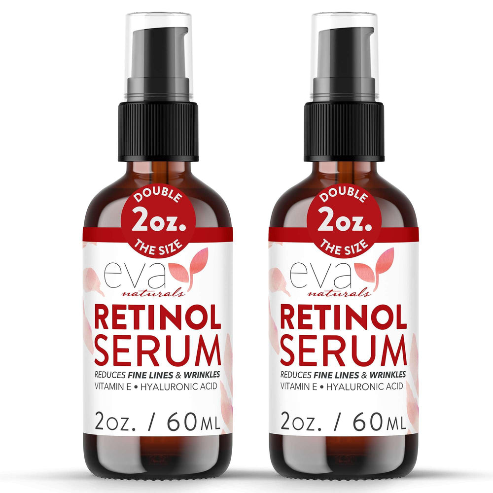 Eva Naturals retinol serum bottle closeup showcases premium packaging for nightly anti-aging skincare.