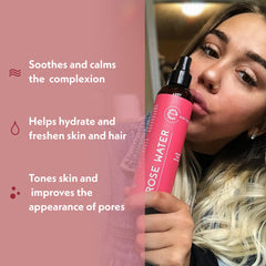 Eve Hansen Rose Water Spray mist being dispensed for instant skin refresh.
