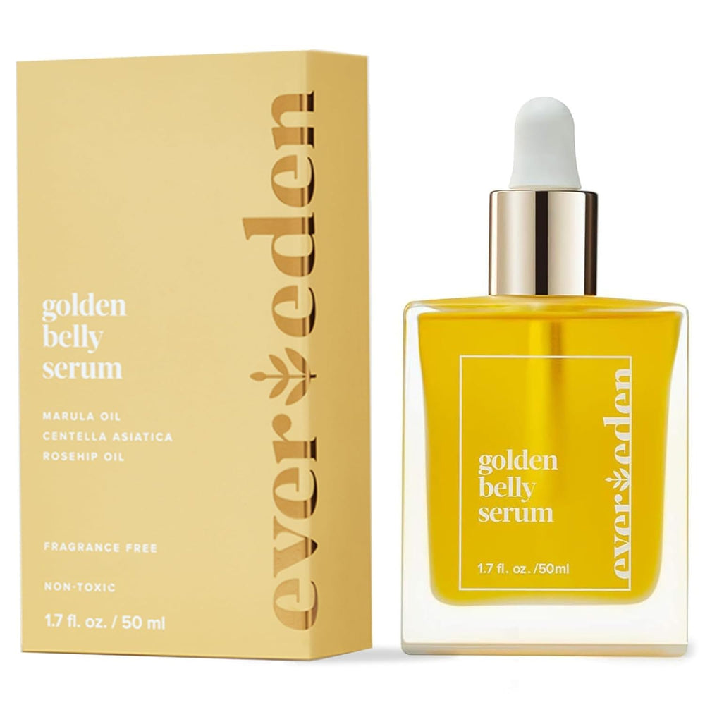 Evereden Golden Belly Serum bottle shows a clean vegan formula supporting elasticity.