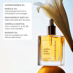 Evereden Golden Belly Serum ingredients panel highlights centella, rosehip, and marula for nourishment.