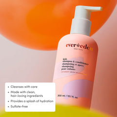 Evereden Kids 2-in-1 Cool Peach bottle pour; demonstrates even buildup removal for light hair.