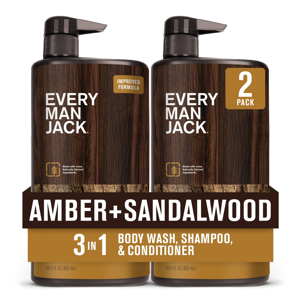 Every Man Jack Amber and Sandalwood 3-in-1 bottle for daily cleansing and hydration.