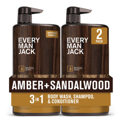 Every Man Jack Amber and Sandalwood 3-in-1 bottle for daily cleansing and hydration.