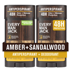 Every Man Jack Amber Sandalwood antiperspirant stick front with smooth glide and long-lasting freshness.