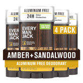 Every Man Jack Amber and Sandalwood deodorant bottle shows aluminum-free, long-lasting freshness.
