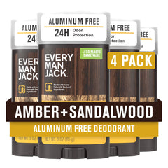 Every Man Jack Amber and Sandalwood deodorant bottle shows aluminum-free, long-lasting freshness.