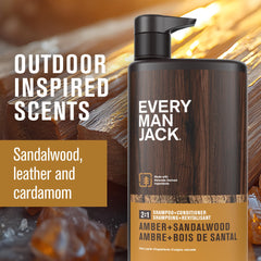 Every Man Jack amber sandalwood shampoo-conditioner label close-up shows natural ingredients