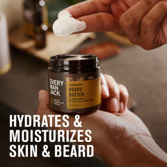 Every Man Jack beard butter dry beard application demonstrates smoothing texture for frizz-prone beards.