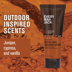 Every Man Jack beard-face recovery lotion label close-up highlighting natural ingredients and benefits
