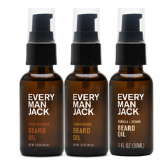 Every Man Jack sandalwood beard oil bottle pour for soft, shiny facial hair.