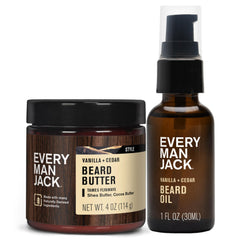 Every Man Jack beard oil bottle shows vanilla cedar scent for daily conditioning.