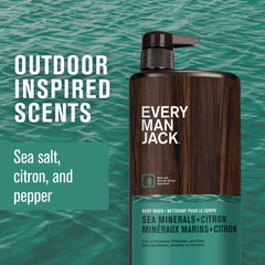 Every Man Jack body wash natural ingredients close-up with coconut-derived surfactants and glycerin.