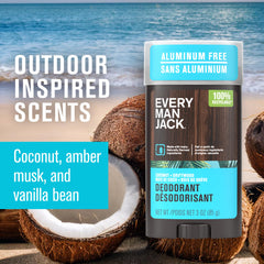 Every Man Jack Coconut Driftwood deodorant ingredients include cotton extract and lichen extract.