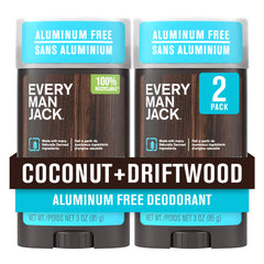 Every Man Jack Coconut Driftwood deodorant stick provides long-lasting freshness without aluminum.