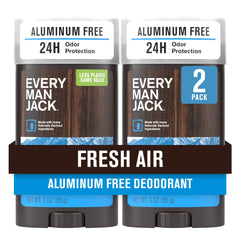 Every Man Jack Fresh Air deodorant pack shot showing aluminum-free protection for all skin types