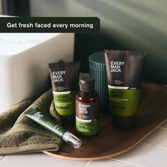 Every Man Jack fragrance-free label indicating skin-friendly daily cleanse for sensitive skin.