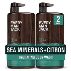 Every Man Jack men’s hydrating body wash bottle front shows clean design for daily hydration.
