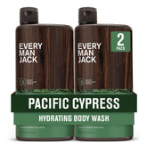 Every Man Jack Pacific Cypress body wash bottle front for daily hydration and fresh scent.