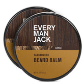 Every Man Jack sandalwood beard balm packaging in a 2oz tin for easy daily grooming