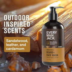 Every Man Jack sandalwood beard wash label closeup with natural ingredients