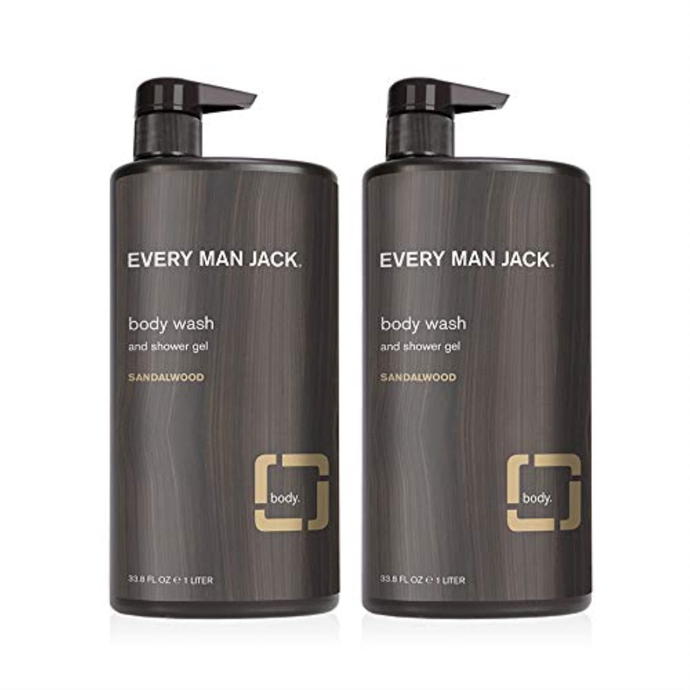 Every Man Jack Sandalwood Body Wash bottle pour showcasing a refreshing cleanse for all skin types