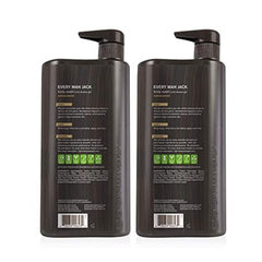 Every Man Jack Sandalwood Body Wash label closeup highlights naturally derived ingredients and sandalwood aroma