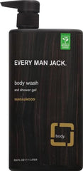 Every Man Jack sandalwood body wash pour demonstrates easy-handling for quick morning cleanses