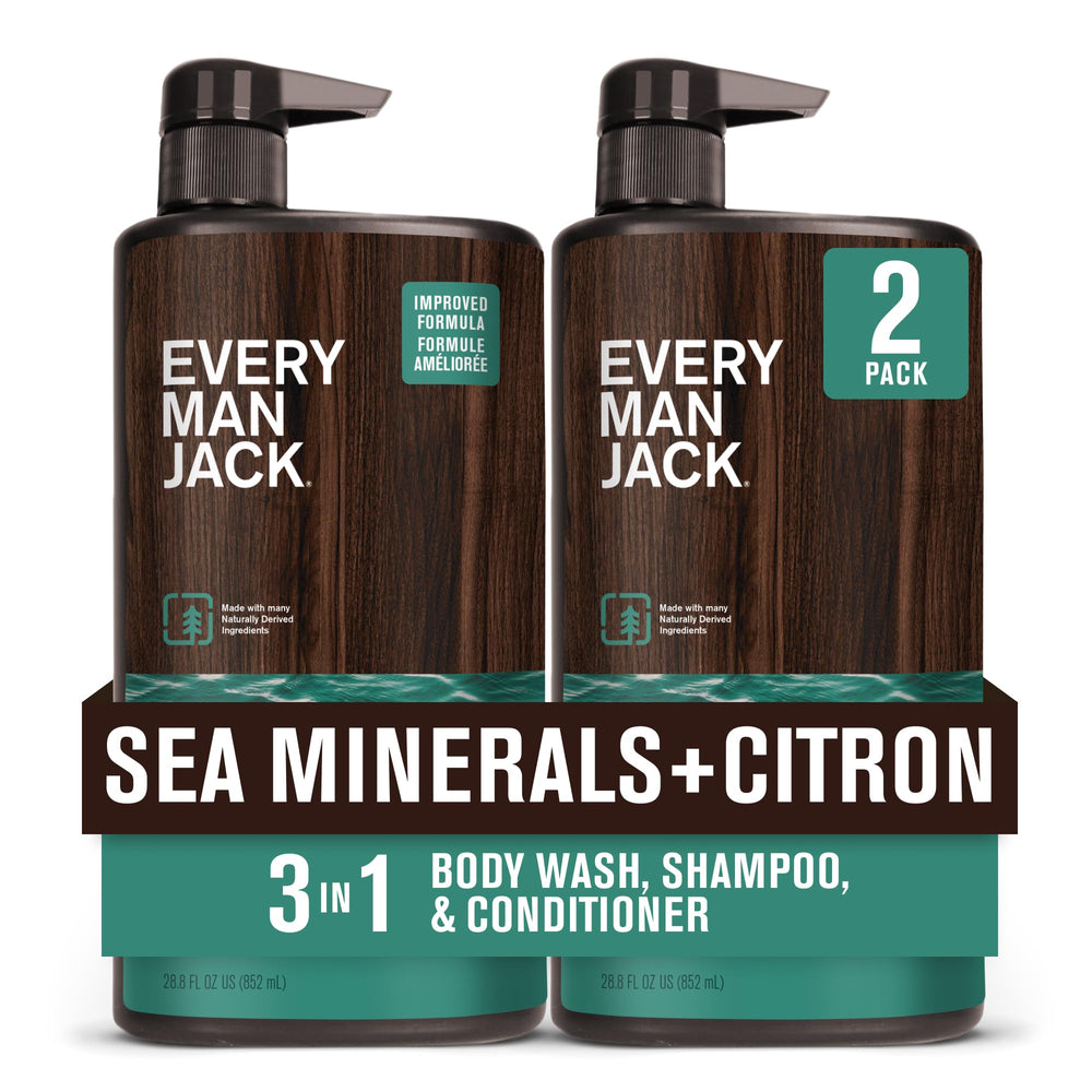 Every Man Jack Sea Minerals Citron 3-in-1 bottle front highlights a refreshing, convenient body-hair-face wash
