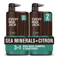 Every Man Jack Sea Minerals Citron 3-in-1 bottle front highlights a refreshing, convenient body-hair-face wash