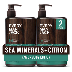 Every Man Jack sea minerals citron lotion bottle shows quick-dry hydration for daily use.