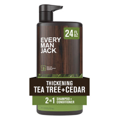Every Man Jack tea tree cedar shampoo bottle shows refreshing cleanse with natural fragrance.