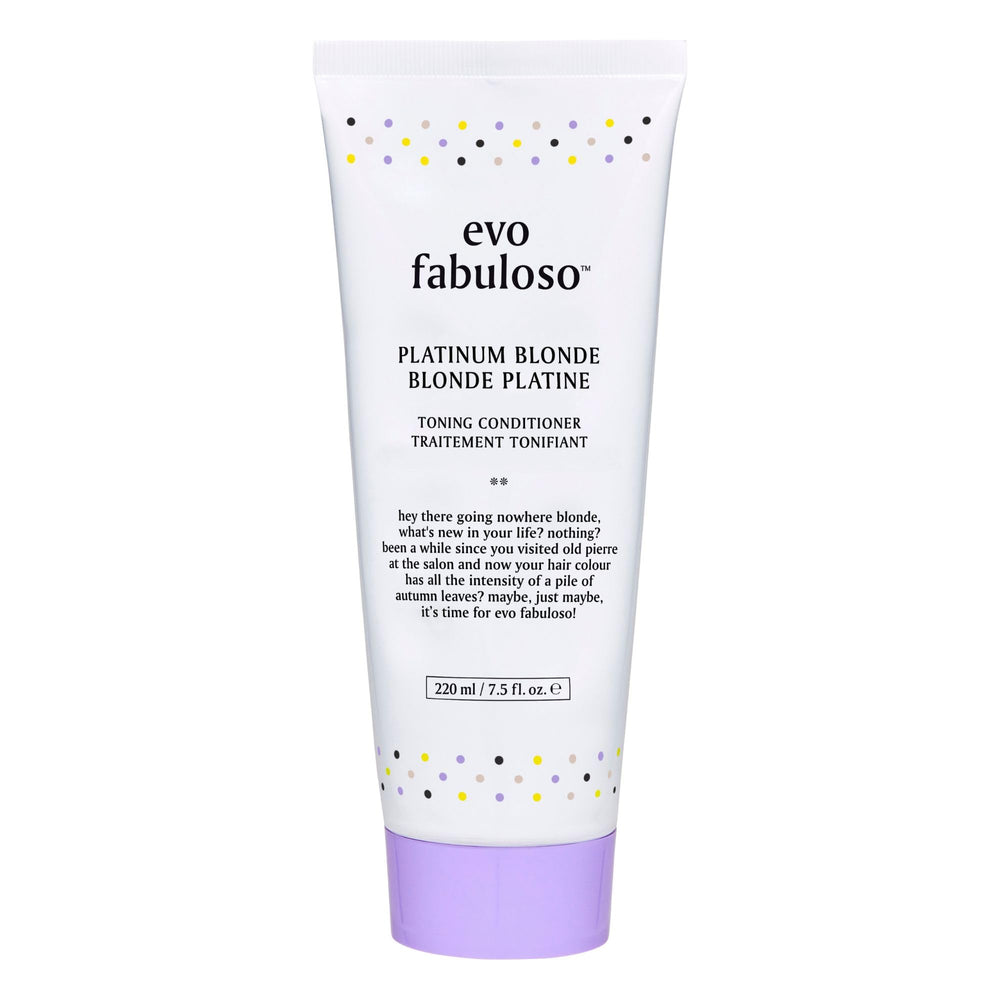 EVO Fabuloso Platinum Blonde Toning bottle close-up for quick brassy neutralization.