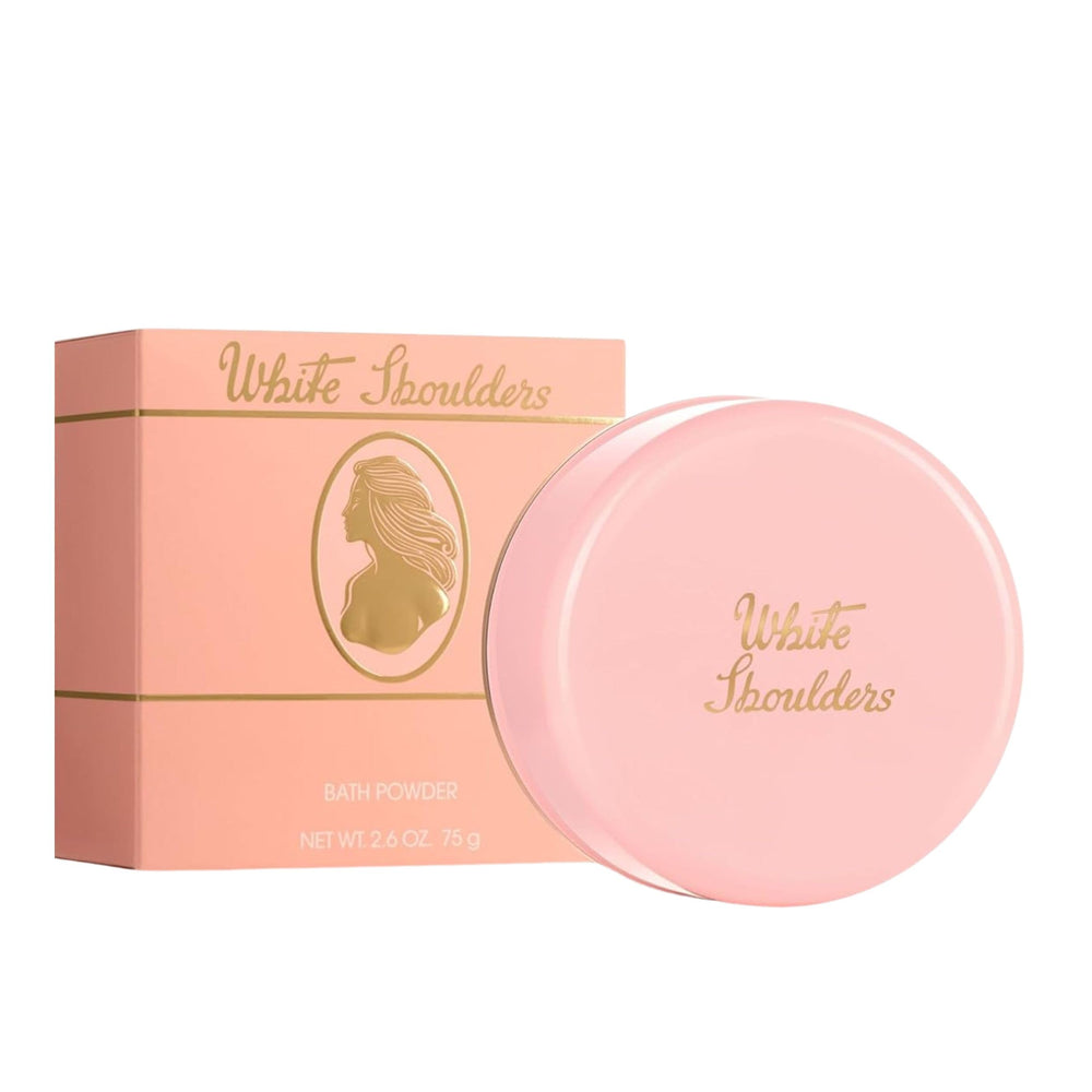 Evyan White Shoulders bath powder puff enables luxurious application.