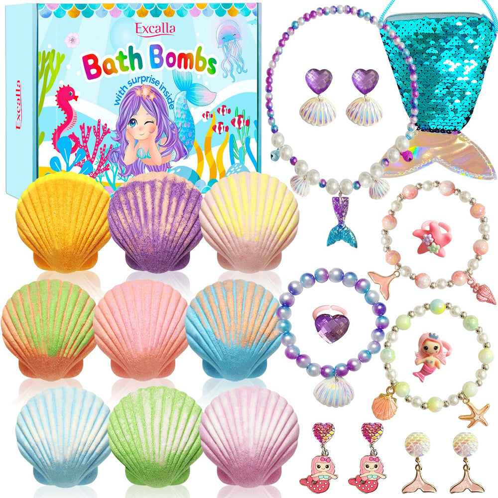 Excalla Mermaid Bath Bombs kit box showcases gift-ready packaging for playful bath time.