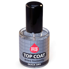 EXCUSE ME Quick Dry Top Coat bottle closeup showing fast-drying gloss