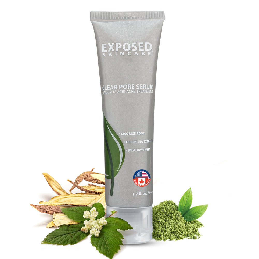 Exposed Skin Care Clear Pore Serum bottle closeup shows pore-minimizing action and clear skin goals.