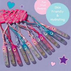 Expressions lip gloss necklace pack rollerball top for quick, mess-free application.